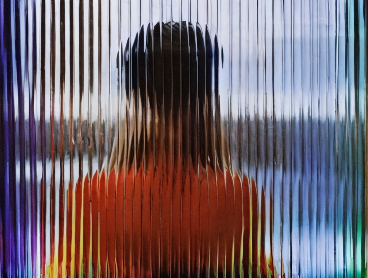 <lora:optical_yiu_v12:0.8>, ribbed glass, portrait of woman in (colorful dress:1.4) (behind the glass:1.3) in the center o...
